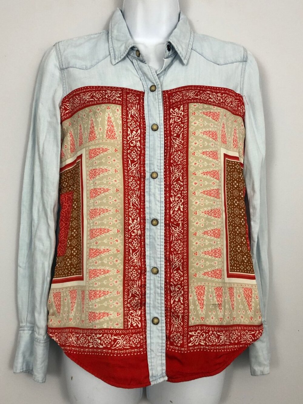 Lucky Brand Bandana Chambray Western Shirt Womens S Pearl Snap Patchwork Boho